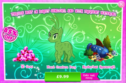Size: 1965x1296 | Tagged: safe, gameloft, idw, alien, alien pony, original species, plant pony, tree pony, g4, my little pony: magic princess, advertisement, bush, costs real money, english, gem, greedloft, green, holiday, idw showified, introduction card, mobile game, numbers, plant, plant creature pony, saint patrick's day, sale, solo, spaceship, text, tree