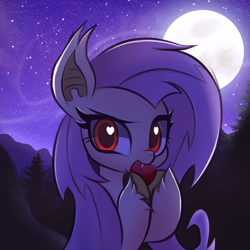 Size: 2048x2048 | Tagged: safe, artist:thebigstuff89, fluttershy, bat pony, pony, g4, apple, bat ears, bat ponified, cute, fangs, female, flutterbat, food, full moon, heart, heart eyes, high res, hoof hold, looking at you, mare, moon, night, night sky, race swap, shyabates, shyabetes, sky, solo, wingding eyes