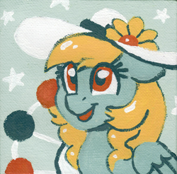 Size: 1192x1171 | Tagged: safe, artist:dandy, oc, oc only, oc:fair flyer, pegasus, pony, acrylic painting, bust, female, flower, hat, mare, open mouth, pegasus oc, solo, stars, traditional art, wings