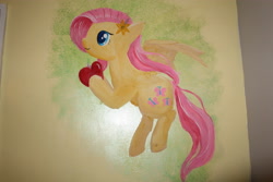 Size: 5184x3456 | Tagged: safe, artist:lawliet13, fluttershy, pegasus, pony, g4, apple, female, flower, flower in hair, flying, food, mare, painting, traditional art