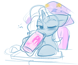 Size: 848x706 | Tagged: safe, artist:zutcha, trixie, pony, unicorn, g4, computer mouse, drink, drinking, female, mare, one eye closed, simple background, sketch, solo, white background