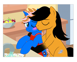 Size: 5000x4000 | Tagged: safe, alternate character, alternate version, artist:amgiwolf, artist:yesic01, oc, oc only, earth pony, pony, unicorn, apron, base used, bipedal, blushing, cheek kiss, clothes, duo, kissing