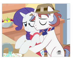 Size: 3500x3000 | Tagged: safe, alternate character, alternate version, artist:amgiwolf, artist:yesic01, rarity, oc, pony, unicorn, g4, apron, base used, bipedal, cheek kiss, clothes, duo, female, high res, kissing, kitchen, male, mare, stallion