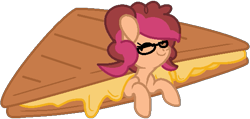 Size: 573x272 | Tagged: safe, artist:jadeharmony, oc, oc only, oc:peppermint pop, earth pony, pony, base used, cheese, eyes closed, female, food, glasses, grilled cheese, mare, offspring, parent:cheese sandwich, parent:pinkie pie, parents:cheesepie, ponies in food, sandwich, simple background, smiling, solo, transparent background
