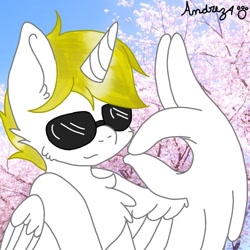 Size: 894x894 | Tagged: safe, artist:andreza, oc, oc only, oc:kionagdl, alicorn, pony, alicorn oc, chest fluff, horn, solo, sunglasses, wing hands, wings