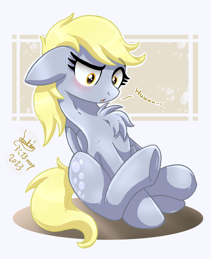 [artist:joakaha,chest fluff,derpy hooves,floppy ears,looking down,open mouth,pegasus,pony,safe,sitting,solo,:o]