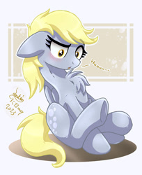 Size: 1100x1350 | Tagged: safe, artist:joakaha, derpy hooves, pegasus, pony, g4, :o, chest fluff, floppy ears, looking down, open mouth, sitting, solo