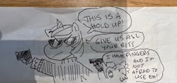 Size: 4031x1884 | Tagged: safe, artist:coggler, shining armor, spike, dragon, pony, g4, doodle, gun, receipt, robbery, speech bubble, sunglasses, traditional art, weapon