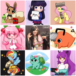 Size: 3464x3464 | Tagged: safe, artist:kittyrosie, fluttershy, rainbow dash, bulbasaur, demon, eevee, human, pegasus, pony, g4, :o, alternate hairstyle, anime, art vs artist, black background, blushing, chainsaw man, chips, clothes, cosplay, costume, cute, dashabetes, doritos, female, food, hatsune miku, high res, irl, irl human, komi can't communicate, looking at you, mare, mountain dew, nezuko kamado, nintendo, one eye closed, open mouth, overwatch, photo, pochita, pokémon, rainbow tracer, shouko komi, signature, simple background, solo, spread wings, stars, tongue out, tracer, vocaloid, wings, wink, winking at you