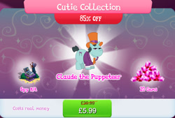 Size: 1268x858 | Tagged: safe, gameloft, claude, pony, unicorn, g4, my little pony: magic princess, bundle, bush, clothes, costs real money, cutie collection, english, gem, hat, horn, male, mobile game, numbers, puppet, sale, solo, stallion, suitcase, sunglasses, text, top hat