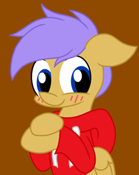 Size: 1918x2405 | Tagged: safe, artist:derpyalex2, oc, oc only, pegasus, pony, blushing, brown background, clothes, digital art, jacket, not scootaloo, simple background, solo, sweater