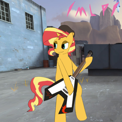 Size: 1000x1000 | Tagged: safe, sunset shimmer, pony, unicorn, g4, /mlp/ tf2 general, badwater, bipedal, electric guitar, guitar, hat, musical instrument, sunset shredder, team fortress 2, text