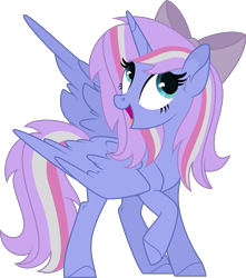 Size: 2949x3338 | Tagged: safe, artist:starcollider, oc, oc only, oc:starcollider, alicorn, pony, .svg available, alicorn oc, base used, bow, cute, ear fluff, eyelashes, female, hair bow, high res, hooves, horn, looking up, mare, ocbetes, partially open wings, raised hoof, simple background, slender, solo, standing, svg, thin, transparent background, turned head, vector, wings