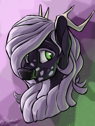 Size: 3000x4000 | Tagged: safe, artist:stardustspix, oc, oc only, oc:seiðvind, deer, abstract background, antlers, bust, colored eyebrows, colored eyelashes, deer oc, freckles, green eyes, high res, male, non-pony oc, portrait, purple coat, solo, white mane