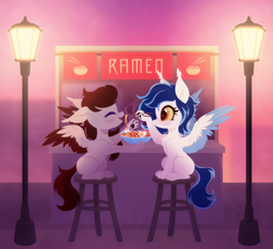 Size: 4367x3982 | Tagged: safe, artist:belka-sempai, oc, oc only, oc:aurora, oc:skyfire lumia, pegasus, pony, wolf, wolf pony, chest fluff, colored wings, cute, duo, ear fluff, food, lamppost, noodles, paw pads, ramen, sitting, spread wings, stool, two toned wings, wings