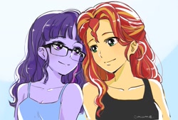 Size: 1637x1109 | Tagged: safe, artist:5mmumm5, sci-twi, sunset shimmer, twilight sparkle, human, equestria girls, g4, bare shoulders, duo, duo female, female, glasses, lesbian, looking at each other, looking at someone, loose hair, ship:sci-twishimmer, ship:sunsetsparkle, shipping, sleeveless