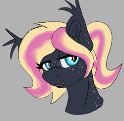 Size: 679x662 | Tagged: safe, artist:reddthebat, oc, oc only, oc:mare bits, bat pony, pony, bat pony oc, bust, fangs, female, freckles, gray background, lidded eyes, looking at you, mare, portrait, simple background, smiling, smiling at you, solo