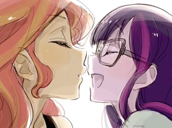 Size: 1060x793 | Tagged: safe, artist:5mmumm5, sci-twi, sunset shimmer, twilight sparkle, human, equestria girls, g4, about to kiss, eyes closed, female, glasses, laughing, lesbian, loose hair, ship:sci-twishimmer, ship:sunsetsparkle, shipping, simple background, white background