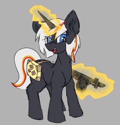 Size: 636x661 | Tagged: safe, artist:reddthebat, oc, oc only, oc:velvet remedy, pony, unicorn, fallout equestria, drum magazine, ear fluff, female, gray background, gun, levitation, looking at you, magic, mare, open mouth, open smile, shotgun, simple background, smiling, smiling at you, solo, telekinesis, weapon