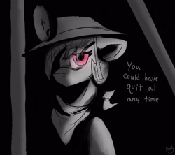 Size: 2392x2124 | Tagged: safe, artist:reddthebat, oc, oc only, oc:number nine, earth pony, pony, bandana, black and white, black background, female, grayscale, helmet, high res, looking at you, mare, mining helmet, monochrome, partial color, simple background, solo, talking to viewer