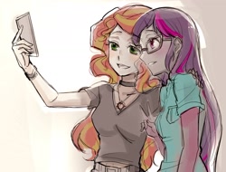 Size: 1960x1493 | Tagged: safe, artist:5mmumm5, sci-twi, sunset shimmer, twilight sparkle, human, equestria girls, g4, cellphone, duo, duo female, female, lesbian, loose hair, phone, pockets, selfie, ship:sci-twishimmer, ship:sunsetsparkle, shipping, side view