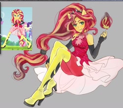 Size: 1684x1472 | Tagged: safe, artist:5mmumm5, sunset shimmer, human, cheer you on, equestria girls, g4, my little pony equestria girls: better together, ass, boots, butt, female, fire, gray background, ponied up, scene interpretation, screencap reference, shoes, simple background, solo, spiked headband