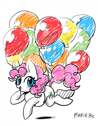 Size: 850x1096 | Tagged: safe, anonymous artist, pinkie pie, earth pony, pony, g4, balloon, cute, female, floating, mare, open mouth, open smile, simple background, smiling, solo, then watch her balloons lift her up to the sky, white background