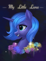 Size: 2203x2937 | Tagged: safe, artist:rily, princess luna, alicorn, pony, g4, black background, blue eyes, high res, simple background, smiling, solo, young luna