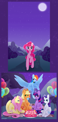 Size: 1247x2626 | Tagged: safe, artist:dreamyrat, applejack, fluttershy, pinkie pie, rainbow dash, rarity, twilight sparkle, earth pony, pegasus, pony, unicorn, g4, balloon, cake, comic, evening, female, fireworks, food, hat, horn, looking at each other, looking at someone, mane six, mare, moon, mountain, open mouth, open smile, party, picnic, pie, shy, smiling, spread wings, stars, surprised, tree, village, wings