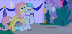 Size: 450x214 | Tagged: safe, screencap, feather flatterfly, fluttershy, twilight sparkle, alicorn, pegasus, pony, g4, the summer sun setback, animated, bipedal, cropped, female, flying, folded wings, glasses, male, mare, necktie, pushing, rain, stallion, twilight sparkle (alicorn), wings, worried