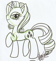 Size: 826x893 | Tagged: safe, artist:rhythm-is-best-pony, rarity, pony, unicorn, g4, monochrome, profile, raised hoof, sketch, solo