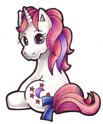 Size: 428x513 | Tagged: safe, artist:yohjisbabe, moondancer (g1), pony, unicorn, g1, 2005, bow, simple background, sitting, solo, tail, tail bow, traditional art, white background