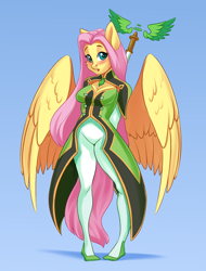 Size: 1598x2100 | Tagged: safe, artist:kittytitikitty, fluttershy, pegasus, anthro, g4, blushing, clothes, cosplay, costume, martel yggdrasill, tales of series, tales of symphonia, wings