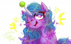 Size: 1920x1200 | Tagged: safe, artist:jully-park, izzy moonbow, pony, unicorn, g5, ball, digital art, female, horn, hornball, izzy's tennis ball, mare, simple background, smiling, solo, tennis ball, white background