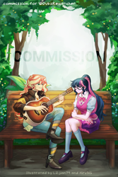 Size: 2000x3000 | Tagged: safe, artist:hiru3152, artist:lzjian79, sci-twi, sunset shimmer, twilight sparkle, human, equestria girls, g4, bench, collaboration, commission, female, glasses, guitar, high res, lesbian, musical instrument, playing, sci-twi outfits, ship:sci-twishimmer, ship:sunsetsparkle, shipping