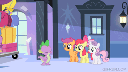Size: 520x293 | Tagged: safe, screencap, amethyst stone, apple bloom, radiant gold, scootaloo, spike, sweetie belle, crystal pony, dragon, earth pony, pegasus, pony, unicorn, equestria games (episode), g4, animated, apple bloom's bow, armor, bow, crystal guard, crystal guard armor, crystallized, cutie mark crusaders, hair bow, male, royal guard, stallion