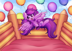 Size: 3508x2480 | Tagged: safe, artist:madelinne, oc, oc only, oc:emilia starsong, pegasus, pony, balloon, belt, bouncy castle, cloud, female, flying lesson, happy, high res, mare, open mouth, open smile, pegasus oc, smiling, solo, zero gravity
