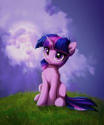 Size: 2684x3245 | Tagged: safe, artist:empress-twilight, twilight sparkle, pony, unicorn, g4, cloud, cute, eyebrows, female, grass, high res, horn, looking at you, mare, multicolored hair, multicolored tail, outdoors, purple eyes, sitting, sky, smiling, smiling at you, solo, tail, twiabetes, unicorn twilight