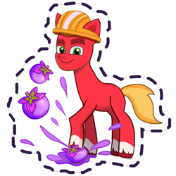 Size: 1024x1024 | Tagged: safe, gameloft, sprout cloverleaf, earth pony, pony, g5, my little pony: mane merge, official, berry, clothes, coat markings, food, hard hat, hat, looking at you, male, simple background, smiling, smiling at you, socks (coat markings), solo, splat, stallion, sticker, stomping, transparent background, unshorn fetlocks