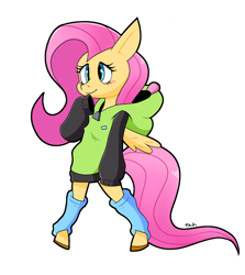 Size: 1814x2031 | Tagged: safe, artist:tysobro, fluttershy, pegasus, semi-anthro, antonymph, cutiemarks (and the things that bind us), g4, arm hooves, big eyes, blue eyes, clothes, eyelashes, fluttgirshy, gir, hoodie, invader zim, leg warmers, leggings, long sleeves, long tail, simple background, smiling, solo, spread wings, tail, vylet pony, white background, wings