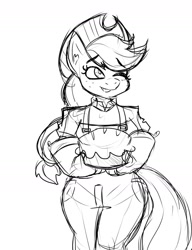 Size: 1354x1764 | Tagged: safe, artist:tysobro, earth pony, anthro, clothes, eyebrows, eyebrows visible through hair, food, one eye closed, oven mitts, overalls, pie, sketch, smiling, solo, wink