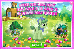 Size: 1956x1298 | Tagged: safe, gameloft, money talks (g4), pony, unicorn, g4, my little pony: magic princess, advertisement, bush, coin, costs real money, english, female, gem, hat, healer's mask, horn, introduction card, mare, mask, mobile game, spider web, text, tree