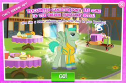 Size: 1954x1297 | Tagged: safe, gameloft, grass track, pegasus, pony, g4, my little pony: magic princess, advertisement, clothes, costs real money, english, introduction card, male, mobile game, spread wings, stallion, text, tracksuit, unshorn fetlocks, wings