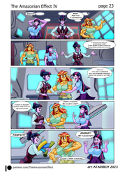 Size: 2780x3877 | Tagged: safe, artist:atariboy2600, artist:bluecarnationstudios, sci-twi, sunset shimmer, twilight sparkle, human, comic:the amazonian effect, comic:the amazonian effect iv, equestria girls, g4, breasts, buff breasts, busty sci-twi, busty sunset shimmer, busty twilight sparkle, clothes, comic, duality, female, high res, muscles, muscular female, open mouth, sci-twi's house, smiling, sunset lifter, twolight