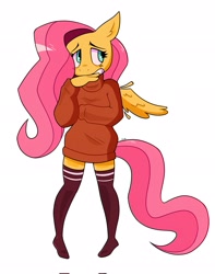Size: 1616x2048 | Tagged: safe, artist:tysobro, fluttershy, pegasus, anthro, plantigrade anthro, g4, clothes, long socks, nervous, simple background, socks, solo, sweater, thigh highs, turtleneck, white background