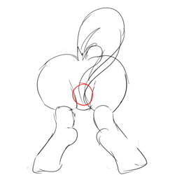 Size: 1000x1000 | Tagged: safe, artist:maren, pony, 2014, anatomy, butt, doodle, old art, plot, pose, rear view, red circle, simple background, solo, white background