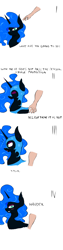 Size: 1000x4000 | Tagged: safe, artist:ruanshi, color edit, derpibooru exclusive, edit, editor:faraday, nightmare moon, alicorn, human, pony, g4, armor, blushing, colored, hand, human on pony petting, implied belly rubs, looking at you, looking away, nightmare moon armor, petting, sexy, simple background, solo focus, stupid sexy nightmare moon, text, tsundere, white background