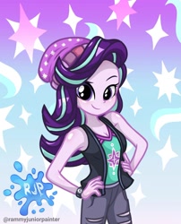 Size: 1080x1335 | Tagged: safe, alternate version, artist:rjp.rammy, starlight glimmer, human, equestria girls, g4, my little pony equestria girls: better together, armpits, bare shoulders, beanie, blushing, breasts, cleavage, clothes, eyebrows, female, hand on hip, hat, looking at you, raised eyebrow, signature, sleeveless, smiling, smiling at you, solo, tank top, watch