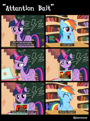 Size: 3347x4500 | Tagged: safe, artist:jaye, rainbow dash, twilight sparkle, alicorn, pegasus, pony, g4, testing testing 1-2-3, ^^, chalkboard, comic, computer, eyes closed, female, golden oaks library, laptop computer, magic, mare, open mouth, scrunchy face, show accurate, subway surfers, telekinesis, twilight sparkle (alicorn)