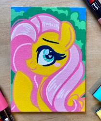 Size: 1710x2048 | Tagged: safe, artist:emberslament, fluttershy, pegasus, pony, g4, female, heart, heart eyes, irl, mare, photo, pink mane, pink tail, solo, tail, traditional art, wingding eyes, wings, yellow coat